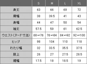 お客様のサイズが一目でわかる施術着サイズ表